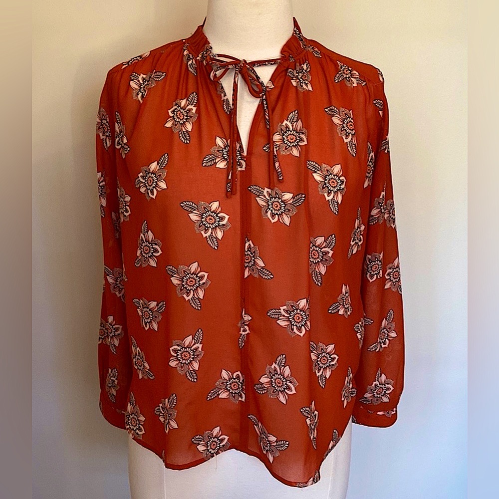 LOFT Petite Orange Floral XSP Boho Career Chic Romantic Ruffle Semi Sheer Top